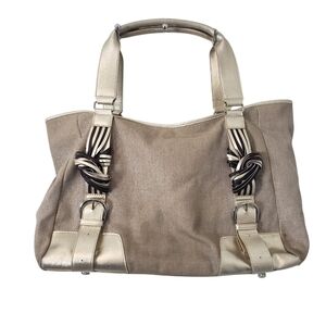 Katherine Kwei Woven Canvas Metallic And Beige Faux Leather Tote Hobo Handbag